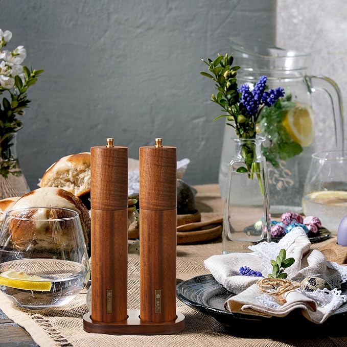 Wooden Salt and Pepper Grinder Set 11.8 Inch Manual Salt and Pepper Mill with Tray Adjustable Coarseness and Refillable Wood Grinders with Gold Bottle Label for Kitchen(Wood Color)