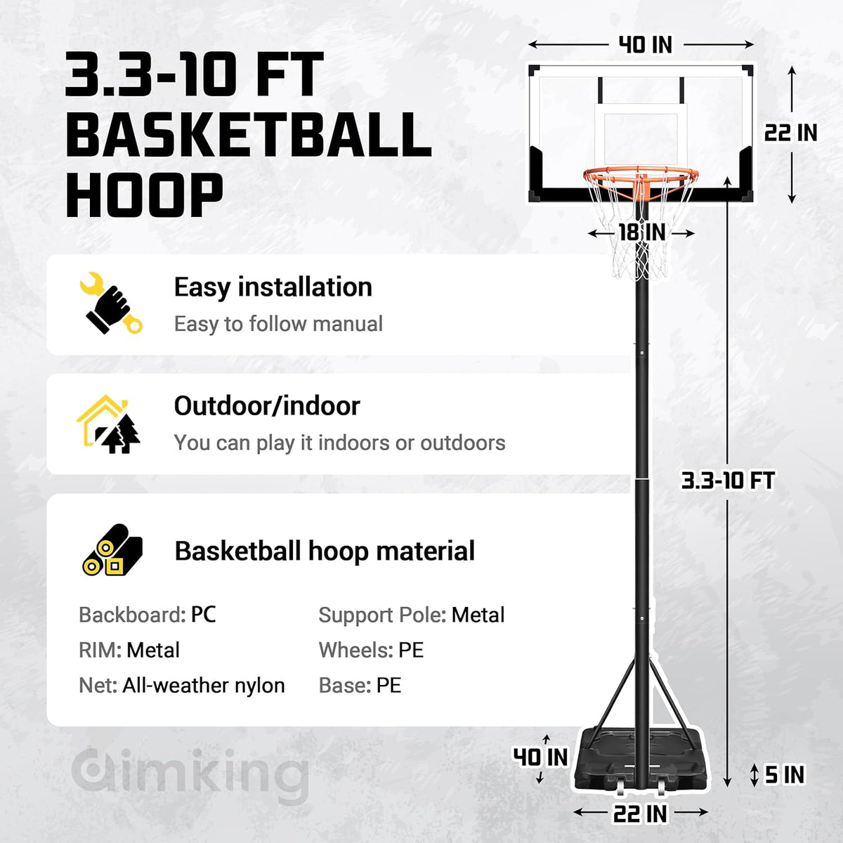 Aimking Basketball Hoop Outdoor 3.3-10FT 5s-Rapid-Adjustable, 40/44 inch Shatterproof Backboard & Enlarged Base, Portable Basketball Hoop & Goal for Kids/Adults/Families in Poolside/Backyard/Indoor