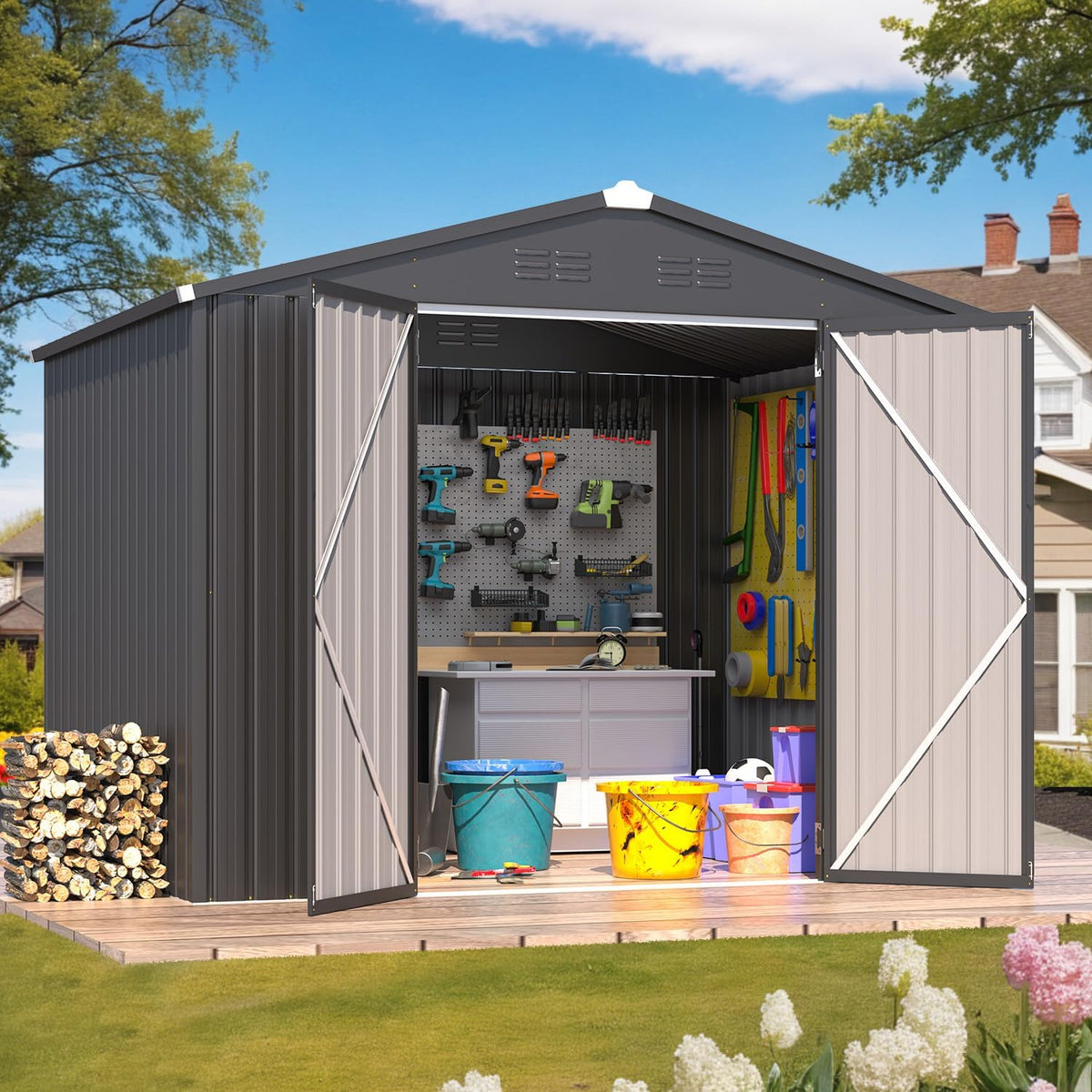 AECOJOY Shed 8' x 6' Metal Storage Shed for Outdoor, Dark Grey Steel Backyard Shed (53 Sq.Ft Land) with Design of Lockable Doors, Utility and Tool Storage for Garden, Backyard, Patio, Outside use