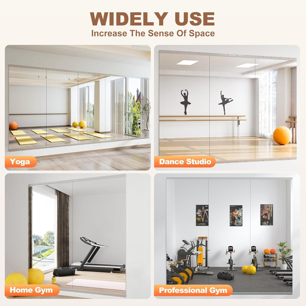 Hasipu Home Gym Mirror 63" L x 28" W - 2PCS Large Full Body Mirror for Yoga, Wall-Mounted Mirrors for Fitness, Garage, Dance Studio, 0.16in Tempered Glass Frameless