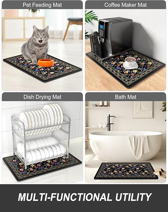 Rnivvi Dish Drying Mat for Kitchen Counter, 12 x 19" Cute Flower Theme Super Absorbent Draining Pad, Non-Slip Heat Resistant Coffee Bar Mat for Coffee Machine Station Accessories, Retro Dish Rack Pad