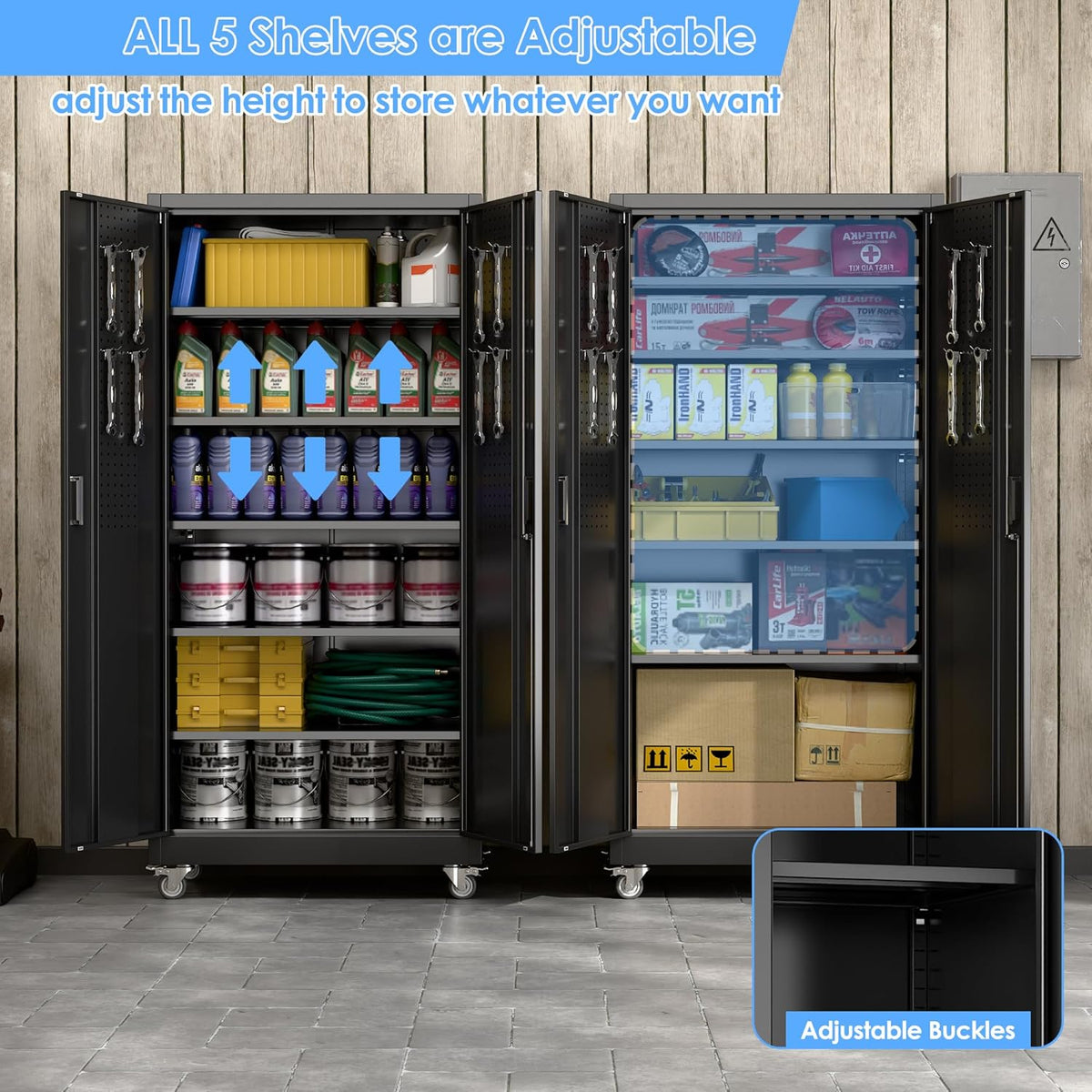 Garage Storage Cabinet with Wheels & Pegboard, 71" H×34" W×18" D Locking Metal Storage Cabinet with 2 Doors and 5 Adjustable Shelves for Garage Workshop Home, Black, Assembly Required