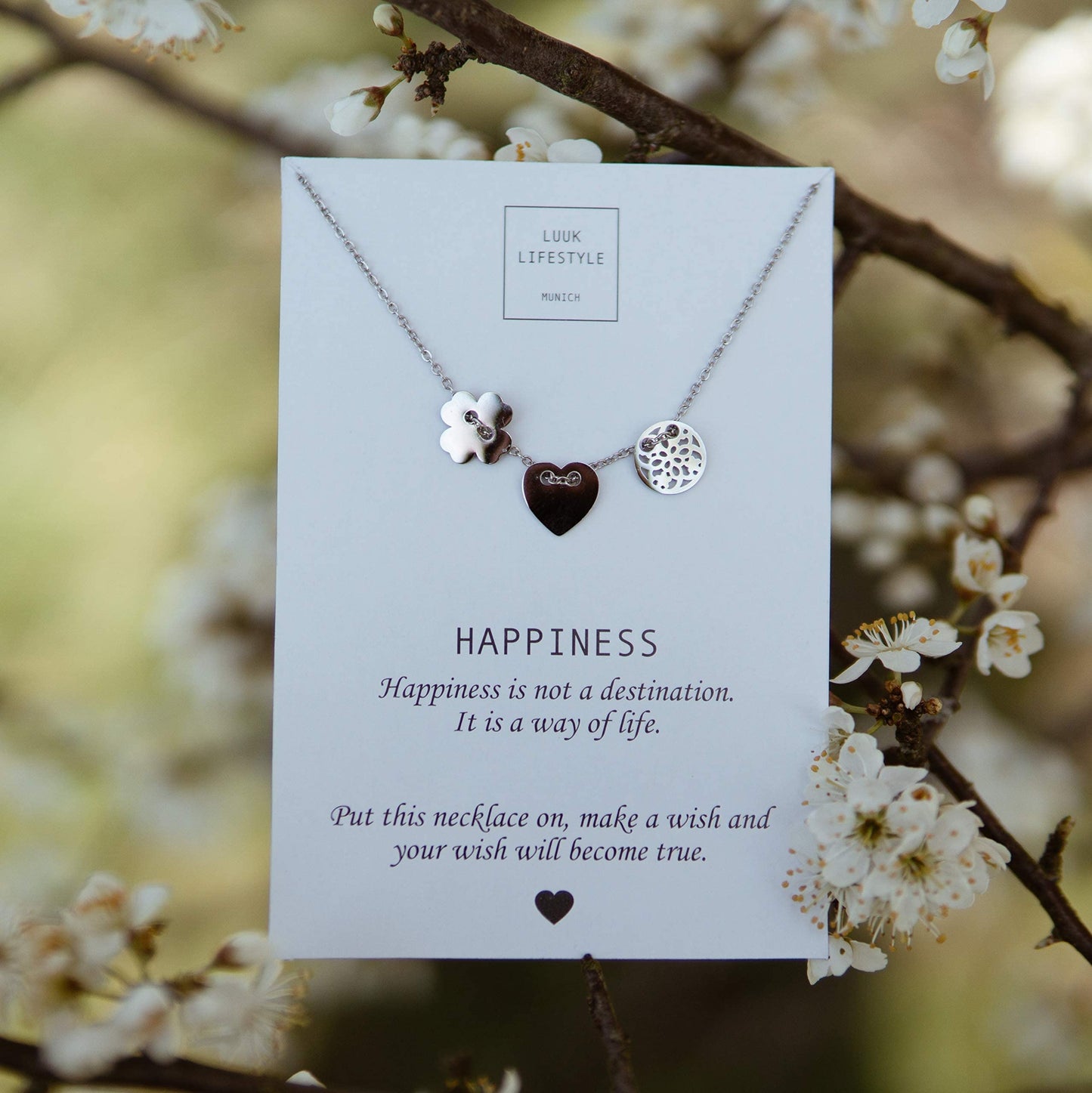LUUK LIFESTYLE Stainless steel necklace for women, with four-leaf clover, mandala and heart pendants, lucky charms, with HAPPINESS gift card, fine design for attractive look, silver