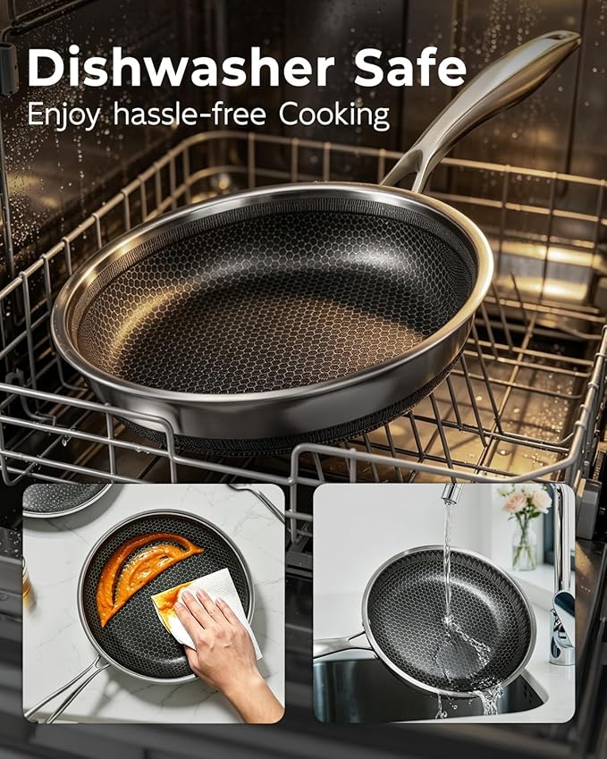 FogDream 10 Inch Nonstick Frying Pan with Lid, Honeycomb Hybrid Stainless Steel Skillet, Tri-Ply Induction Compatible, Non Toxic Frying Pan, Oven Safe, Dishwasher Safe, Silver