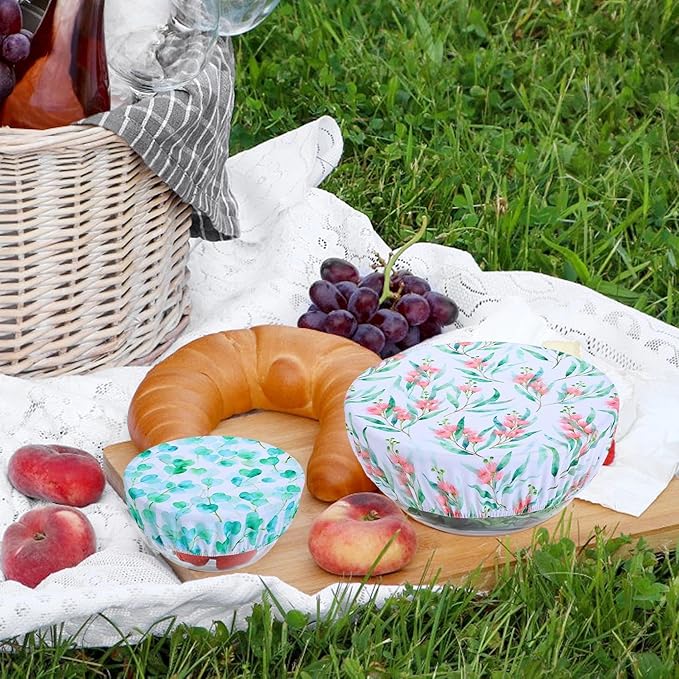 5 Pieces Bowl Covers Reusable, 5 Size Elastic Cloth Bowl Covers for Bread Proofing Stretch Food Covers Washable for Food Fruits Leftover (Pink Floral Eucalyptus leaves)