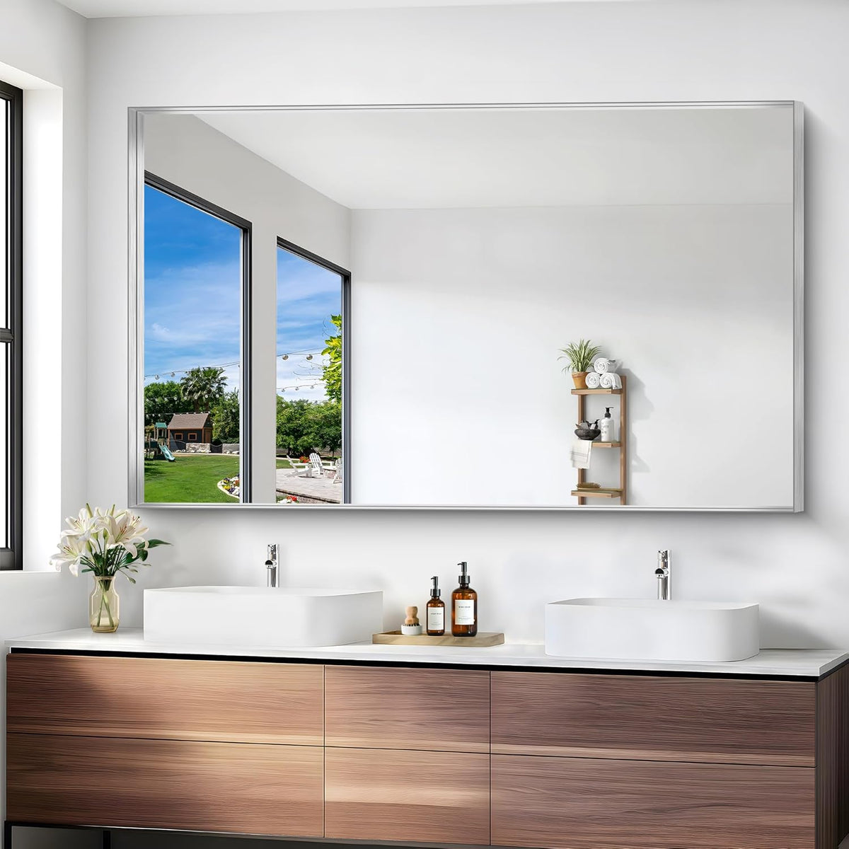 Silver Bathroom Mirror, 36x60 Inch Rectangular Deep Frame Mirror, Large Wall Mounted Bathroom Vanity Mirror Over Sink for Bedroom,Restroom, Living Room, Hangs Vertically or Horizontally