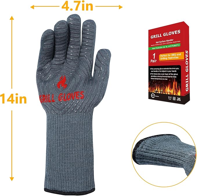 QUWIN BBQ Gloves, Oven Gloves 1472℉ Extreme Heat Resistant, Grilling Gloves Silicone Non-Slip Oven Mitts, Kitchen Gloves for BBQ, Grilling, Cooking, Baking-1 Pair… (Grey, One Size(Long Cuff))