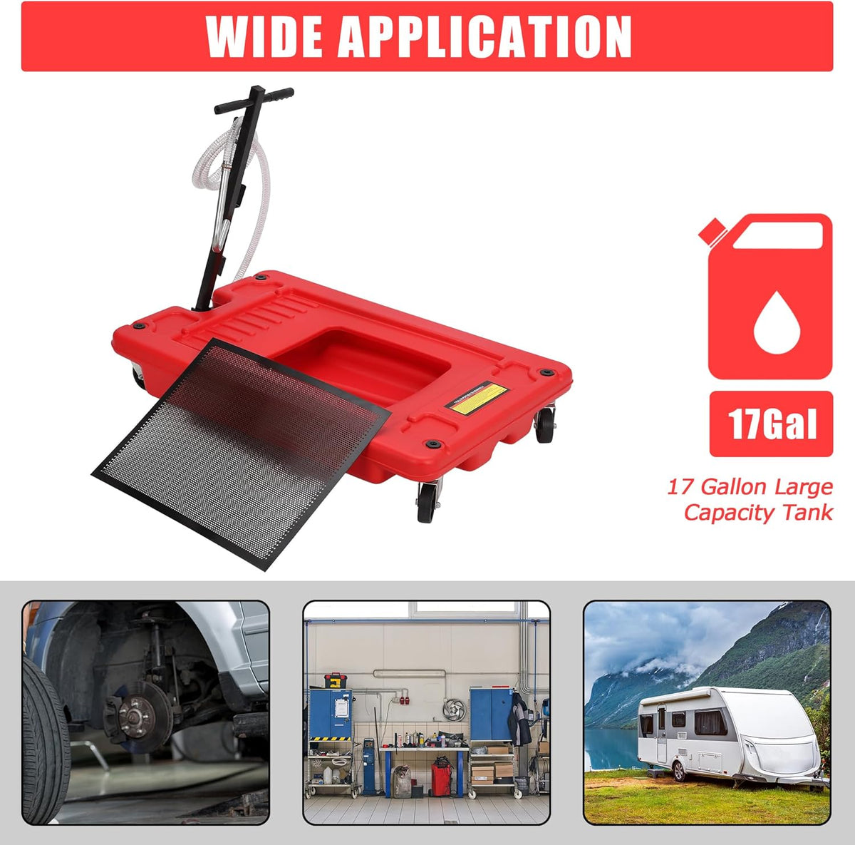 17 Gal Electric Oil Drain Pan, Low Profile Mobile Oil Changing Pan with Hand Pump, 8 Ft Hose & Quick Drain Valve, Leak-Proof Design for Truck Car Motorcycle, Garage Workshop Use