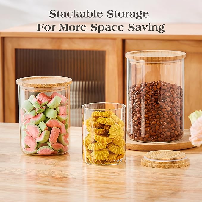 Glass Storage Containers with Wooden Lids, Airtight Jar for Kitchen Countertop Set of 3, Pantry Flour and Sugar Canisters for Candy, Cookie, Rice, Coffee Beans, Snacks, Spices