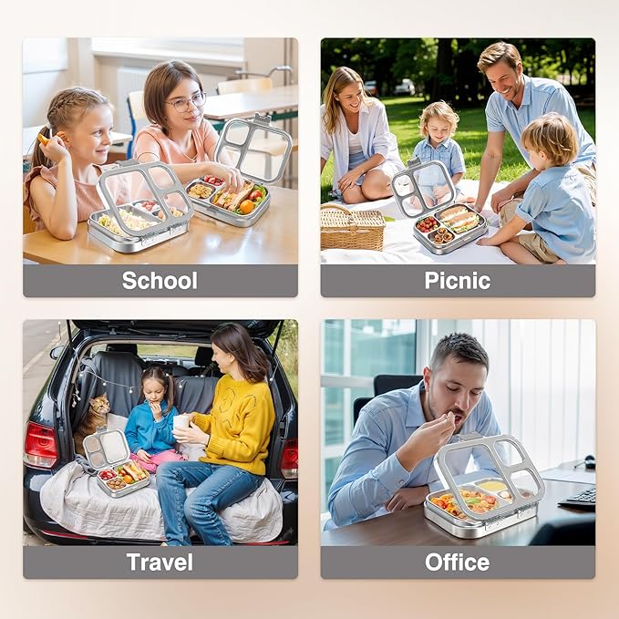Stainless Steel Lunch Box, 3 Compartments Metal Bento Box for Kids Adults, Leak-Proof Lunch Box for School Office, Dishwasher Safe, BPA-Free, Tritan Lid, Grey