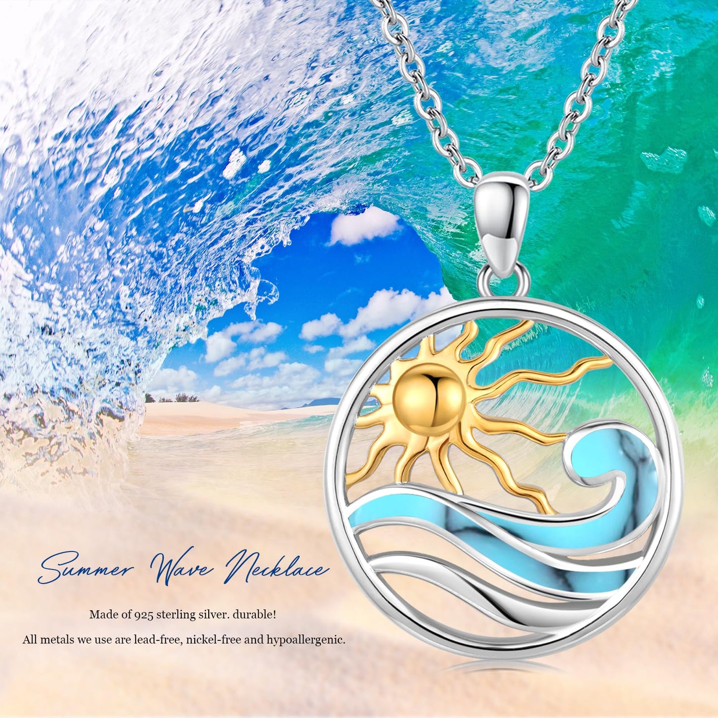 Midir&Etain Ocean Wave Necklace 925 Sterling Silver Sunburst Gold Sun Necklace Sea Surf Necklace Beach Themed Gifts Ocean Jewelry for Women Prime
