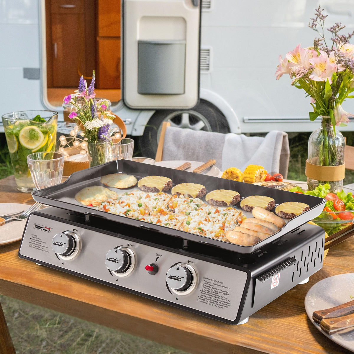 Royal Gourmet PD1301S Portable 24-Inch 3-Burner Table Top Gas Grill Griddle with Cover, 25,500 BTUs, Outdoor Cooking Camping or Tailgating, Black