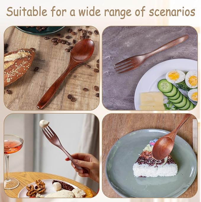 6 Pcs Wooden Utensils for Eating, Wooden Spoon Fork Cutlery Set Kitchen Wood Dinner Flatware Tableware Reusable Wood Spoon, Wooden Forks,Wooden Scraper for Travel and Camping