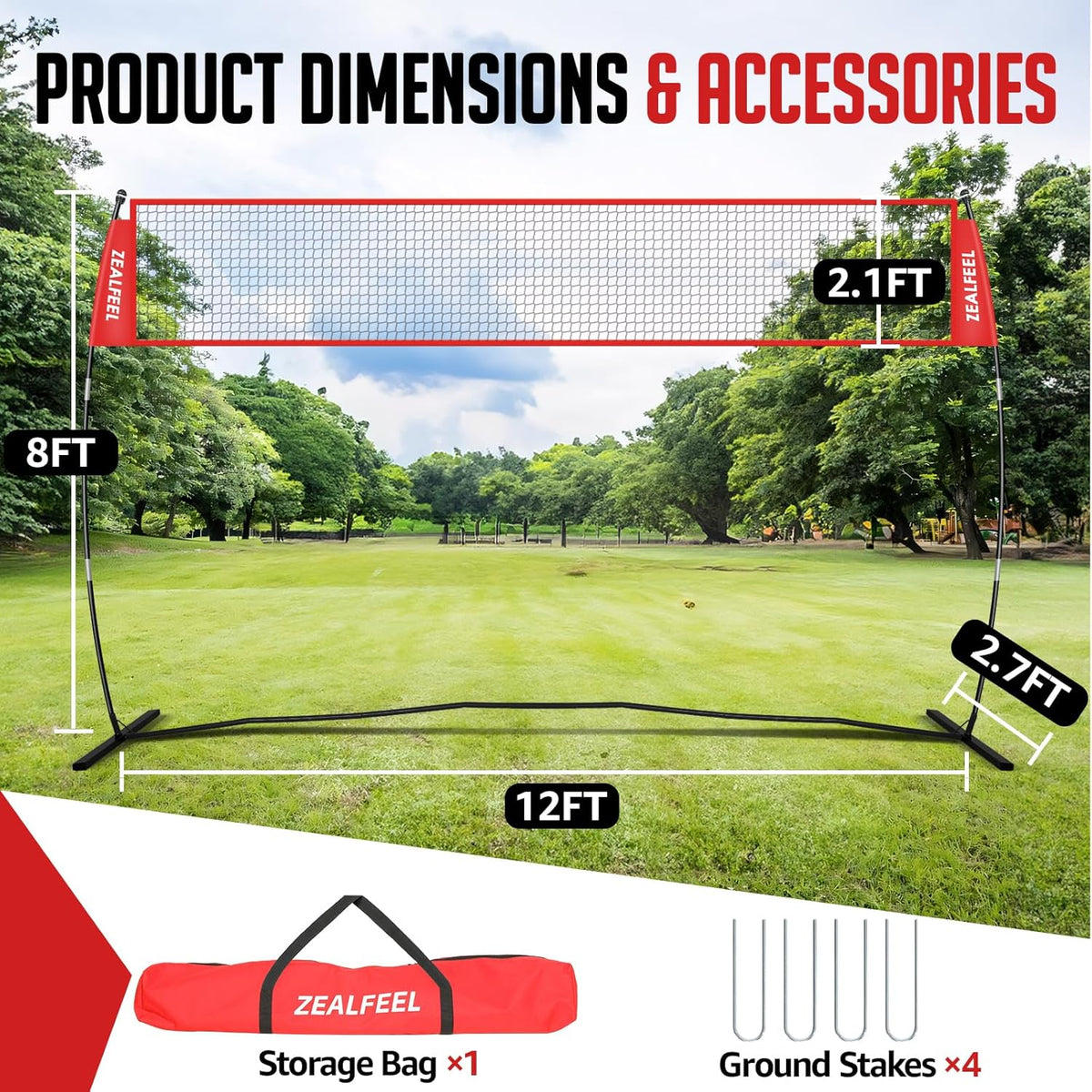 Volleyball Net, 12ft/20ft Training Set Height Adjustable, Portable Freestanding Practice for Hitting or Serving Drills, Pop up With Carry Bag for Backyard or Outdoor