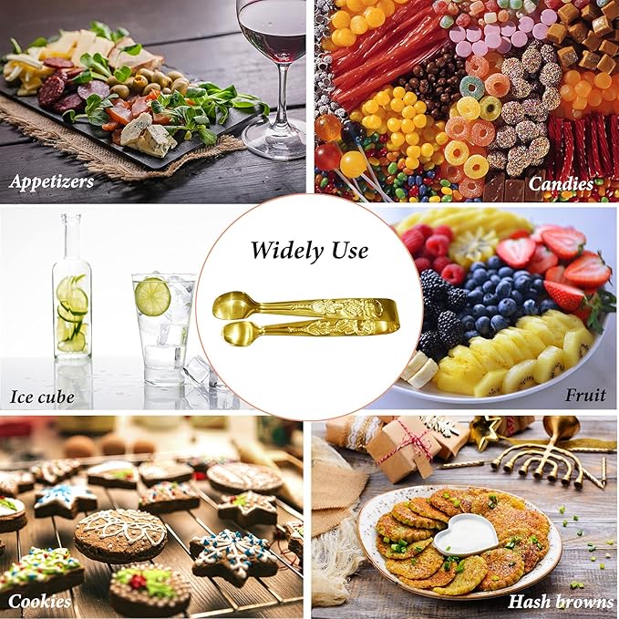 3PCS Mini Serving Tongs, 4Inch Rose Stainless Steel Sugar Cube Tongs, Sliver Small Ice Tong for Tea and Coffee Party, Appetizers, Desserts by Sunenlyst (Gold)