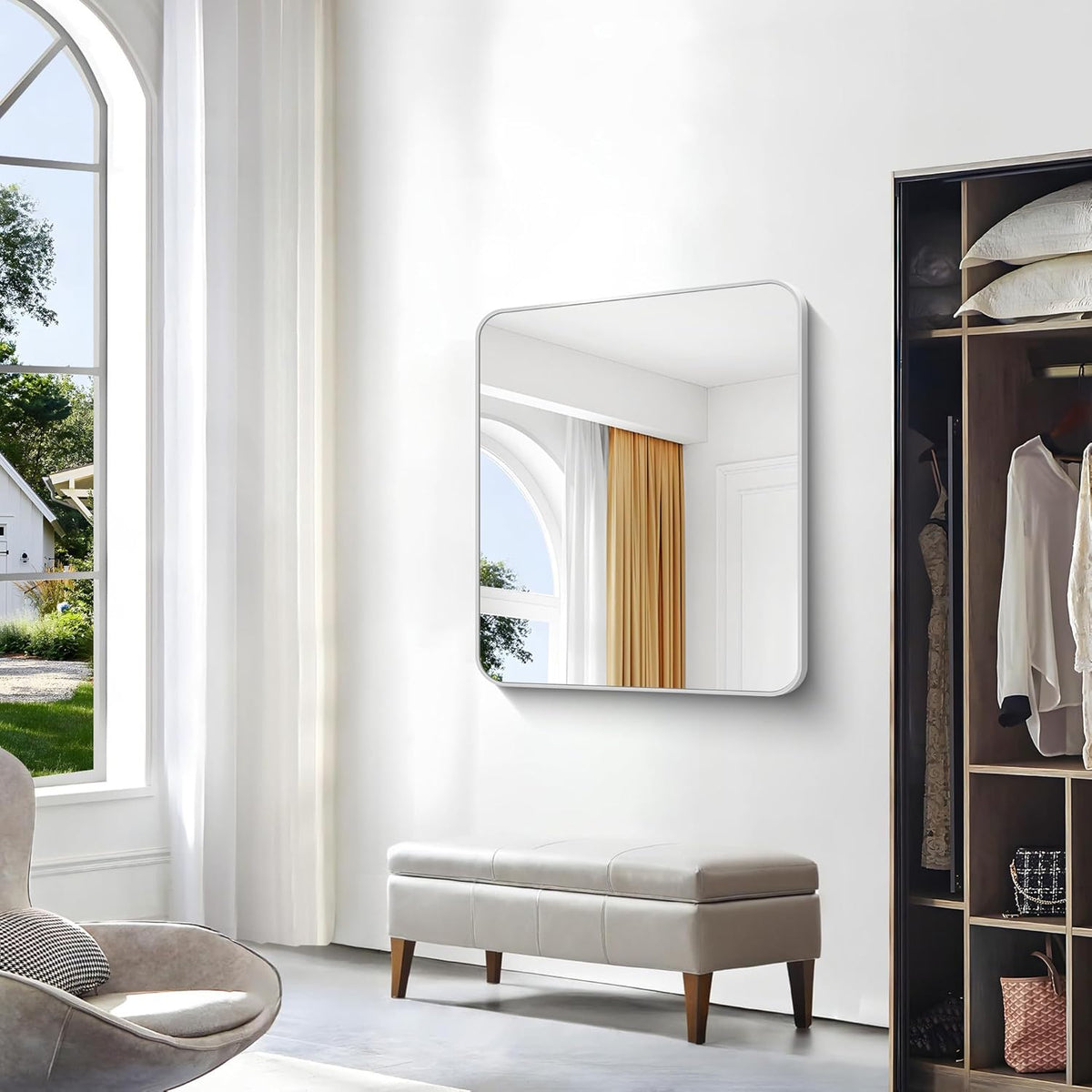 Silver Bathroom Mirror,30x36 inch Wall Mirror for Bathroom Wall Mounted,Rectangle Mirror for Bathroom Over Sink,Modern Frame Round Corner for Living Room,Bedroom Entryway,Horizontal/Vertical