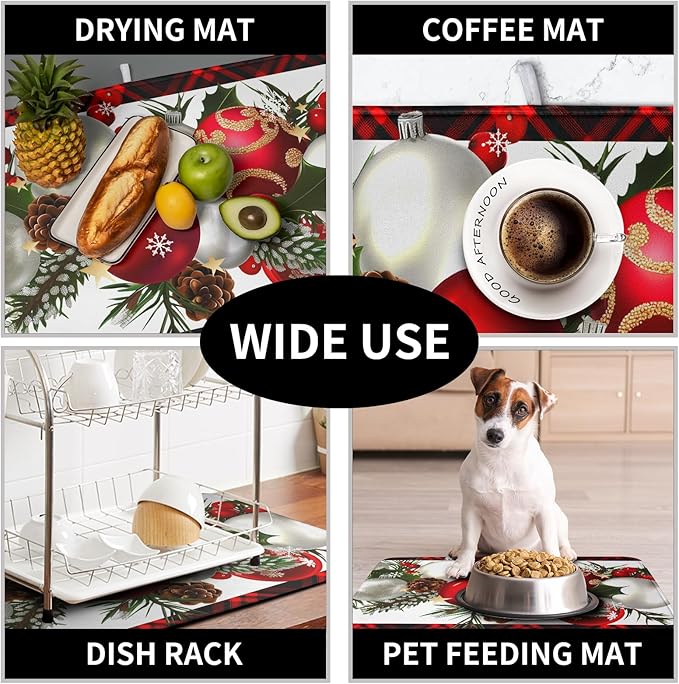 Red Buffalo Plaid Christmas Kitchen Drying Mats for Dishes Xmas Ball Snowflake Pine Cones Dish Drainer Rack Mat Winter Microfibe Absorbent Dish Drying Pad for Home Kitchen Counter Decor 18x24in