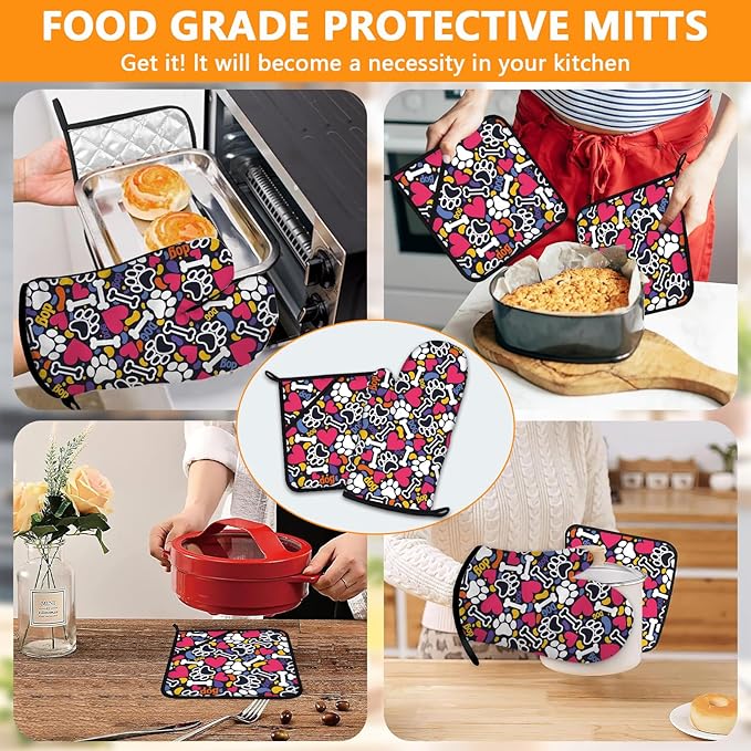 Paw Prints Oven Mitts and Pot Holders Sets 4Pcs,Extra Long Oven Gloves Potholder for Kitchen Cooking Baking BBQ 100% Cotton Heat Resistant