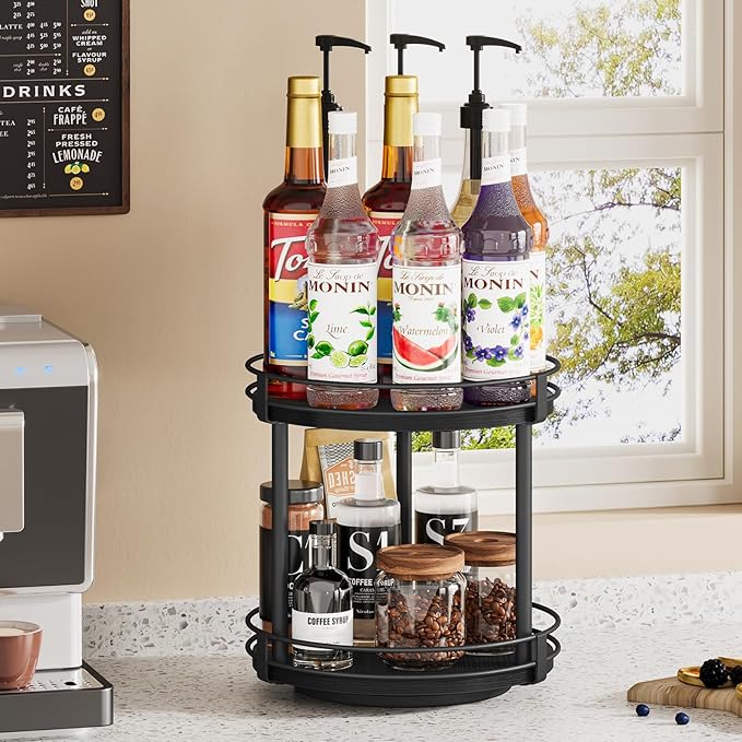Snughome Lazy Susan Spice Rack, 2 Tier Rotating Spice Rack, Wood Lazy Susan Organizer for Cabinet, Black Kitchen Counter Shelf, 10.2" x 10.2" x 10.4"