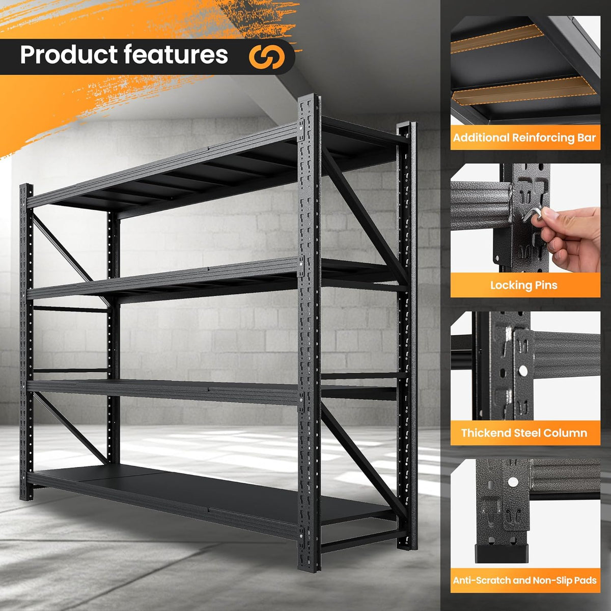 79” W Garage Shelving Heavy Duty, 7000LBS Metal Storage Shelves, 4 Tier Storage Rack Shelf, Steel Industrial Shelving, Adjustable Standing Shelf for Basement/Warehouse 79" W x 24" D x 79" H, Black
