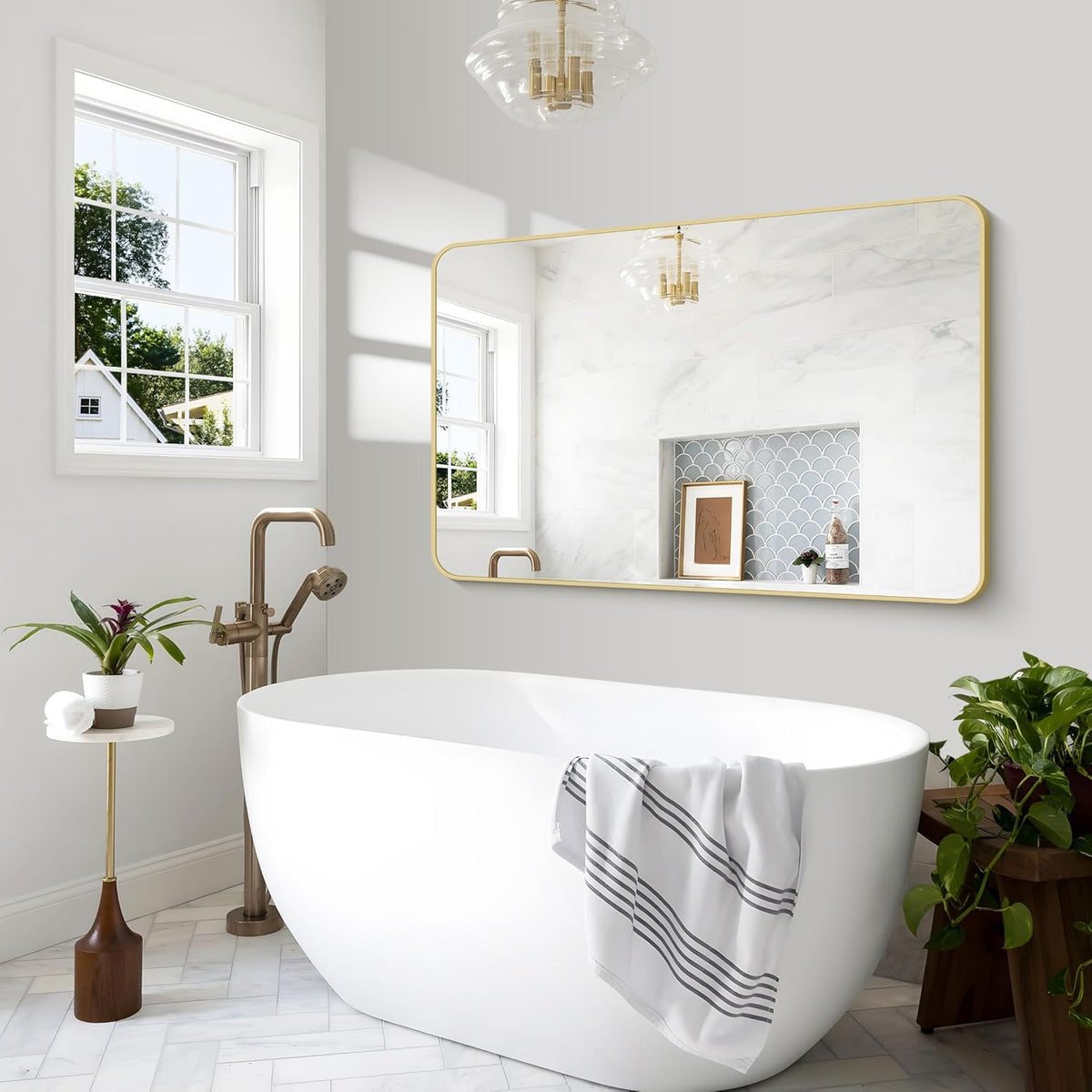 Gold Bathroom Mirror,55x36 inch Wall Mirror for Bathroom Wall Mounted,Round Rectangle Mirror for Bathroom Over Sink,Modern Frame for Home Decor Living Room,Bedroom Entryway,Horizontal/Vertical