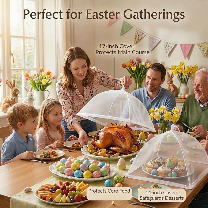 4-Pack Food Cover Mesh Food Tent for Kitchen and Outdoor Use,2 x 17-inch & 2 x 14-inch Pop-Up Screen Tents to Protect Plants Plastic,Collapsible Reusable Covers for BBQ,Fruit Baskets, Parties, Camping