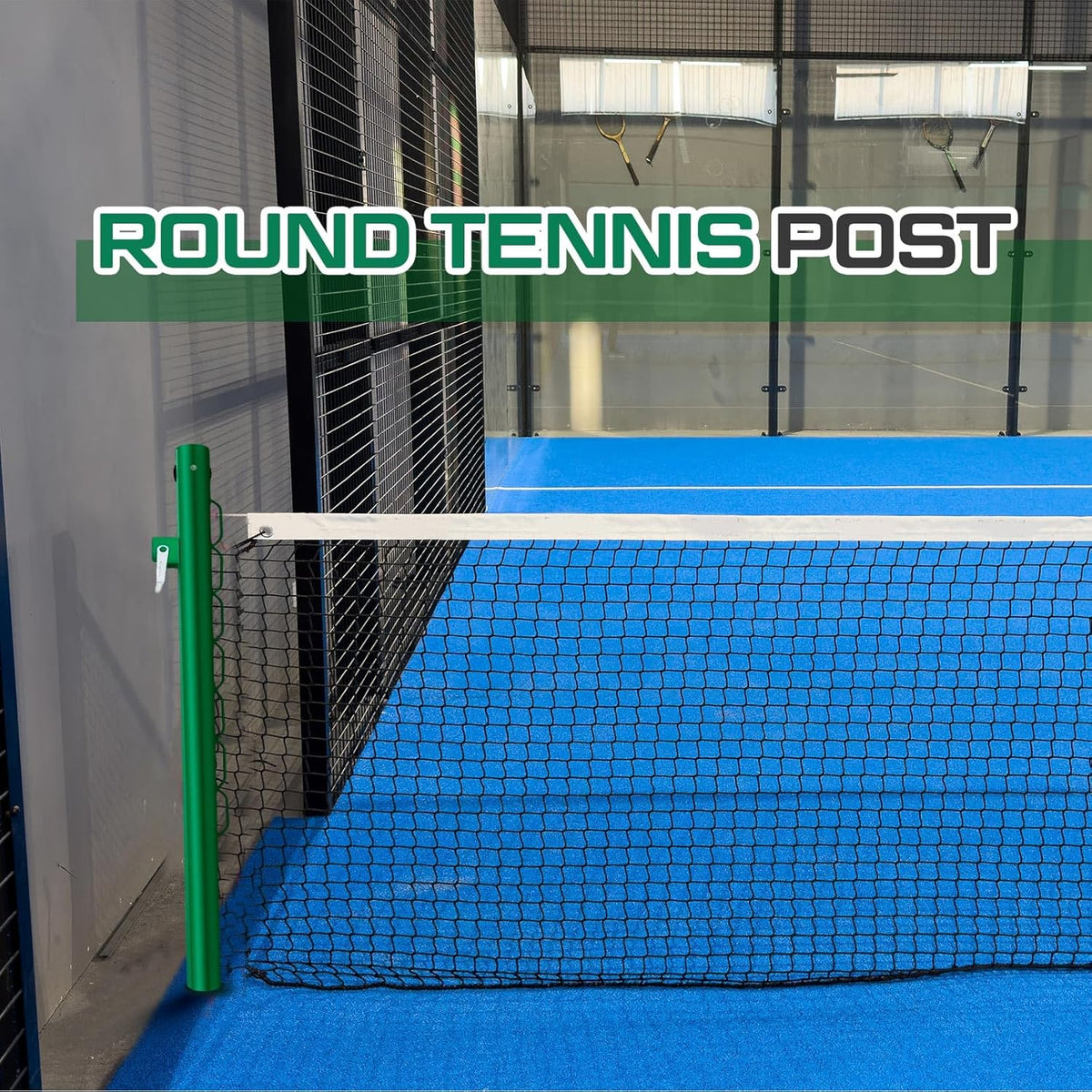 Tennis Posts with Net Crank Outdoor Heavy Duty Professional Green Tennis Permanent Court Kit for Net Quick Fixation System Equipped with a Cable Reel