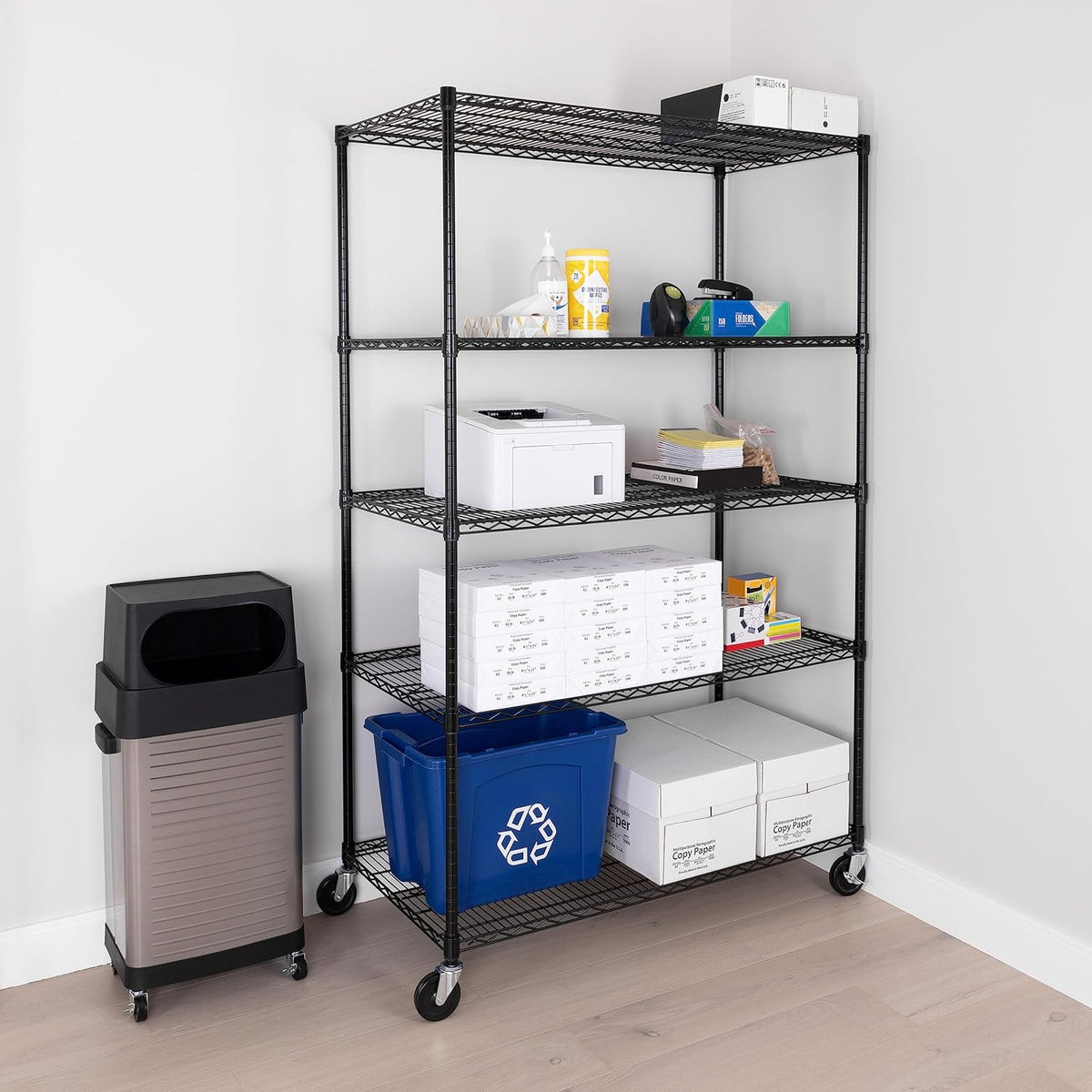 Seville Classics UltraDurable Heavy Duty NSF Solid Steel Wire Rack Storage Unit, Organizer for Garage, Warehouse, Office, Restaurant, Classroom, Kitchen, Black, 5-Tier Shelving, 48" W x 24" D
