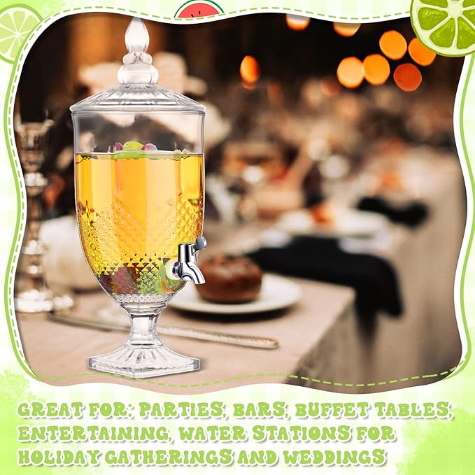 Bokon 2 Pieces Drink Dispensers for Parties Crystal Iced Beverage Dispenser with Stand and Spigot, Glass Liquid Containers Wide Mouth Beverage Server for Juice Tea Wedding (Exquisite)