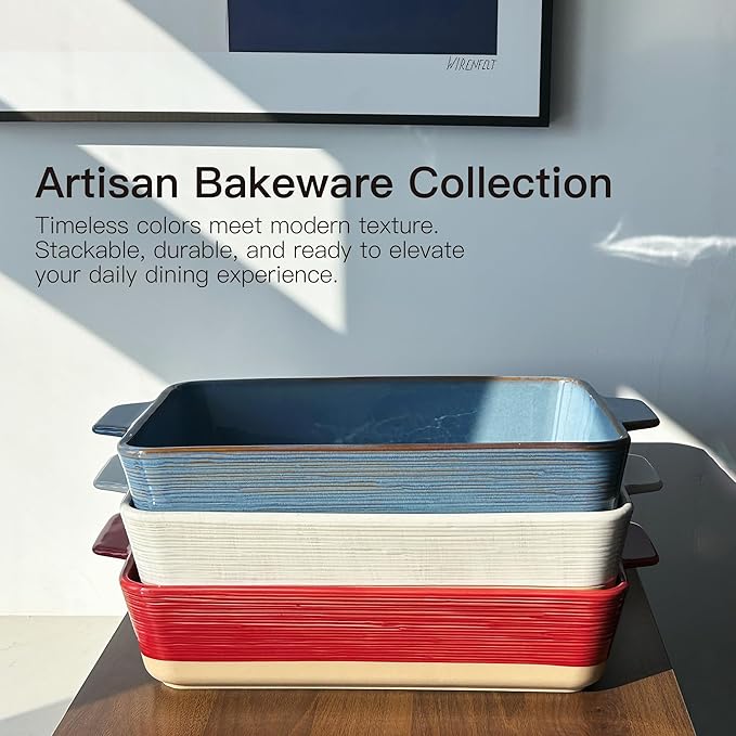 Dafuceramic Casserole Dish for Oven, 4.2 QT Baking Dish, 9x13 Large Porcelain Baking Pan, Durable Rectangular Lasagna Pan Deep with Handles, Microwave Oven Safe, Home Decor, Wedding Gift,(Khaki & Red)