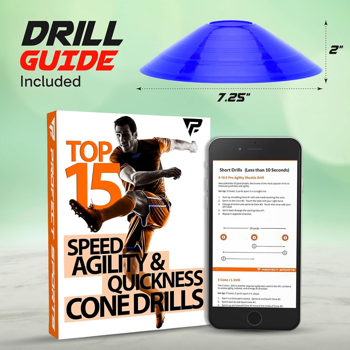 Pro Disc Cones (Set of 50) - Agility Soccer Cones with Carry Bag and Holder for Sports Training, Football, Basketball, Coaching, Practice Equipment, Kids - Includes 15 Best Cone Drills Book