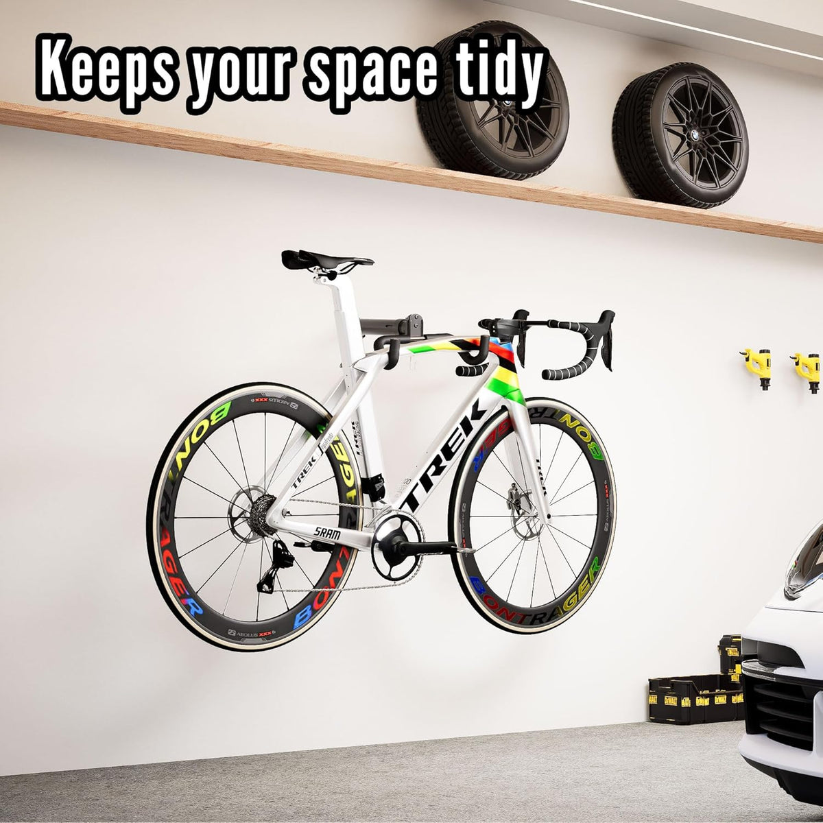 Bike Wall Mount Hanger - Adjustable Horizontal Bicycle Storage Rack for Garage and Home - Metal Hook Holder for Road, Mountain, and Hybrid Bikes