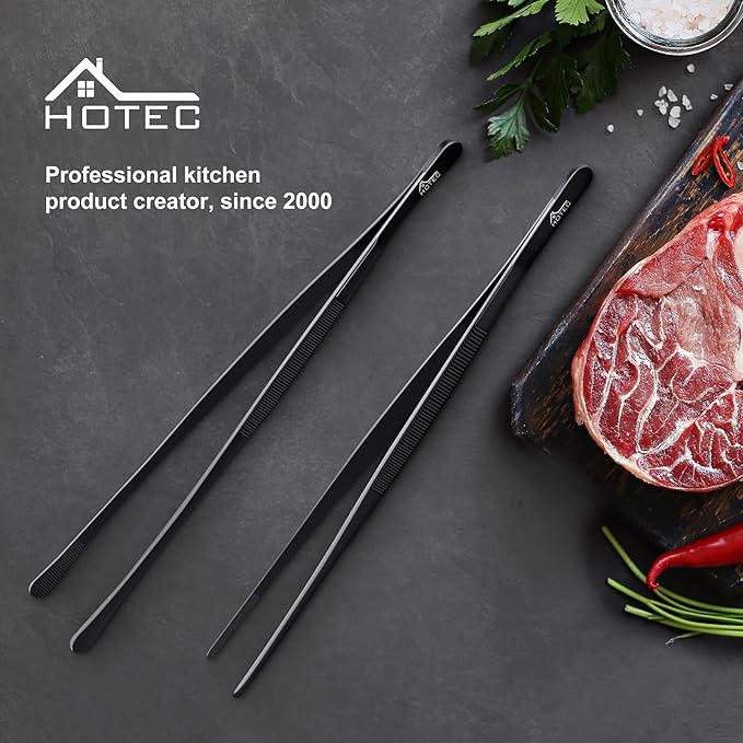 HOTEC Kitchen Tweezers Tongs Stainless Steel Professional Chef Tweezers, Set of 2-12inch Extra-Long Food Tongs for Cooking,Grill and Baking