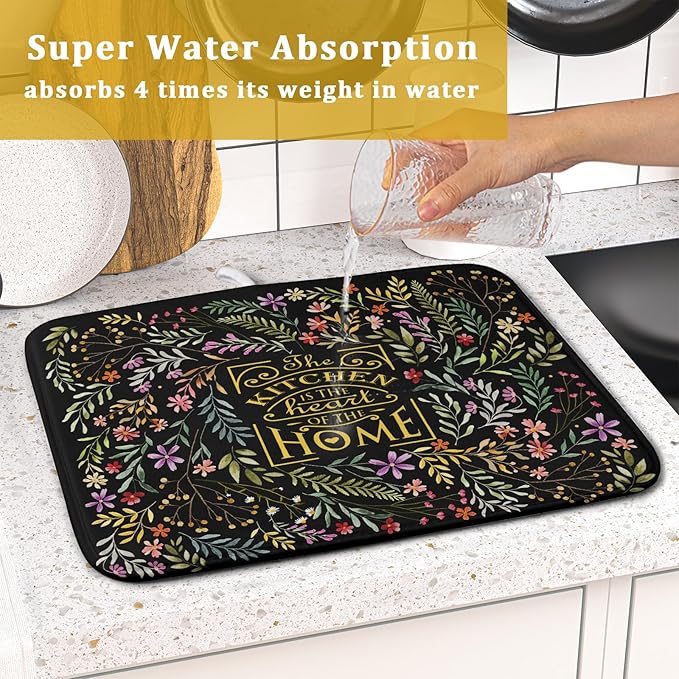 Absorbent Dish Drying Mat Colorful Flowers Microfiber Pad for Kitchen Counter Coffee Bar Decor 16" X 18"