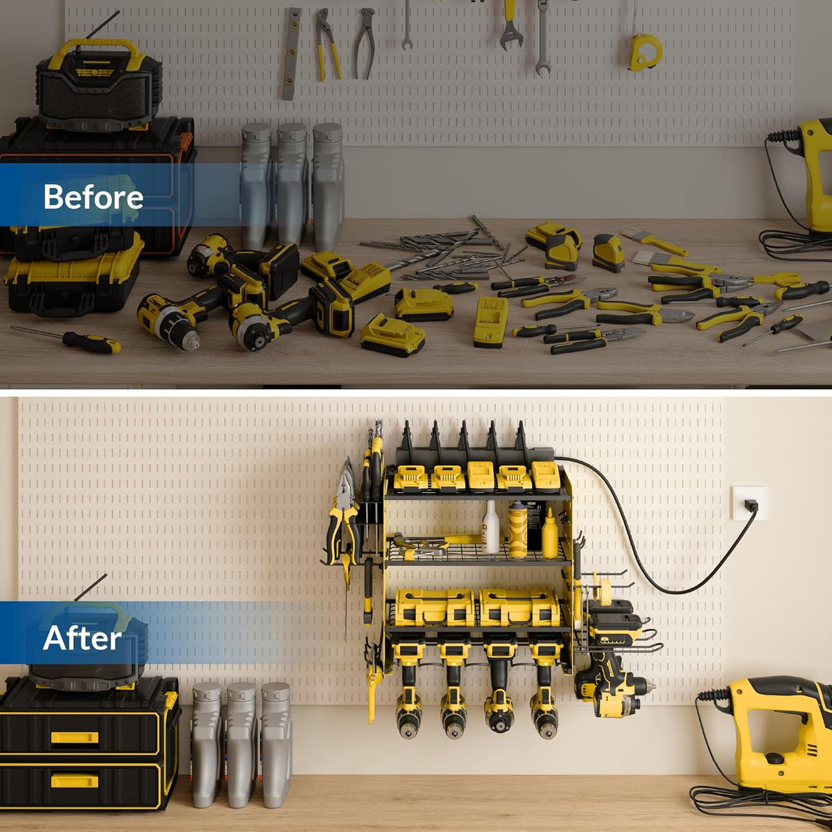 Power Tool Organizer with Charging Station, 4 Layers Garage Storage Rack with 6 Drill Holders, Father's Days Gift For Dad, Wall Mount Garage Organizer Built in 8 Outlets Power Strip, Yellow