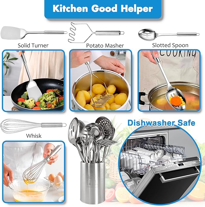 Cooking Utensils Set 11pcs - Stainless Steel Kitchen Utensils Set with Holder, Heat Resistant Kitchen Utensils Sets for Cooking with Turners, Potato Masher, Skimmer, Spoons, Ladle, Tongs, Whisk