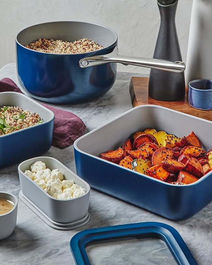 Caraway 6pc Glass Food Storage Set – 10 Cup Food Containers (6) - Ceramic Coated - Non Toxic, Non Stick with Lids - Microwave Safe - Cream