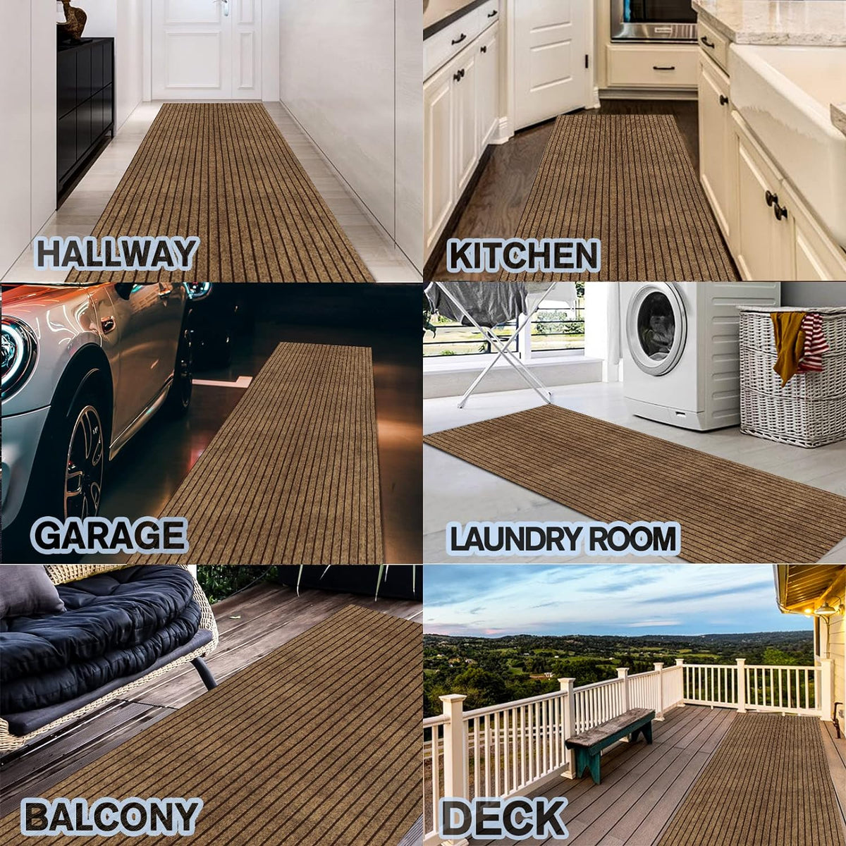 Custom Size Backed Non-Slip Area Rugs Runner, Easy Clean, Waterproof Runner Rugs for Hallway Entryway, Kitchen, Laundry, 3FT x 39FT, Brown Stripe