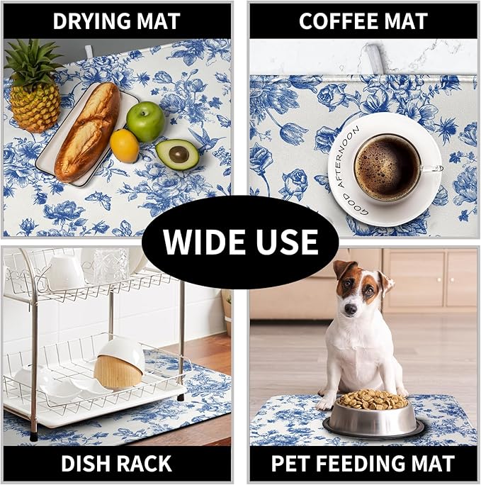 Dish Drying Mat for Kitchen Counter Blue and White Floral Drying Mats Chinoiserie Vintage Flowers Dish Drying Pad for Dishes Microfiber Absorbent Dish Drainer Rack Mat for Countertop 16x18 Inch