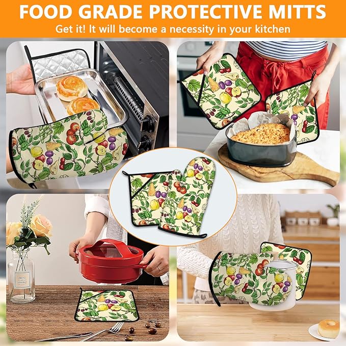 Fruit Oven Mitts and Pot Holders Sets 4Pcs,Extra Long Oven Gloves Potholder for Kitchen Cooking Baking BBQ 100% Cotton Heat Resistant