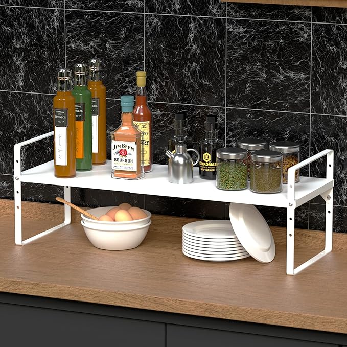 Expandable Kitchen Cabinet Shelf Organizers, Stackable Metal Pantry Storage Shelves Rack, Adjustable Counter Spice Shelf for Cabinets, Countertop, Cupboard Organizers and Storage, White
