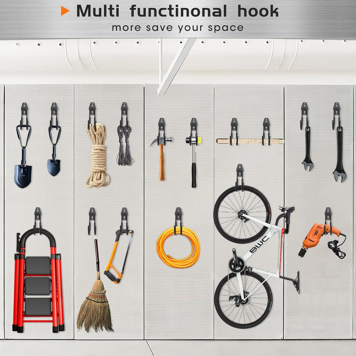 Garage Hanging Hooks Wall Mount, Garage Tool Storage Hooks, Wall Hangers for Hose, Tools, Garden Equipment, Ladder, Bikes, Broom and mop, Balck