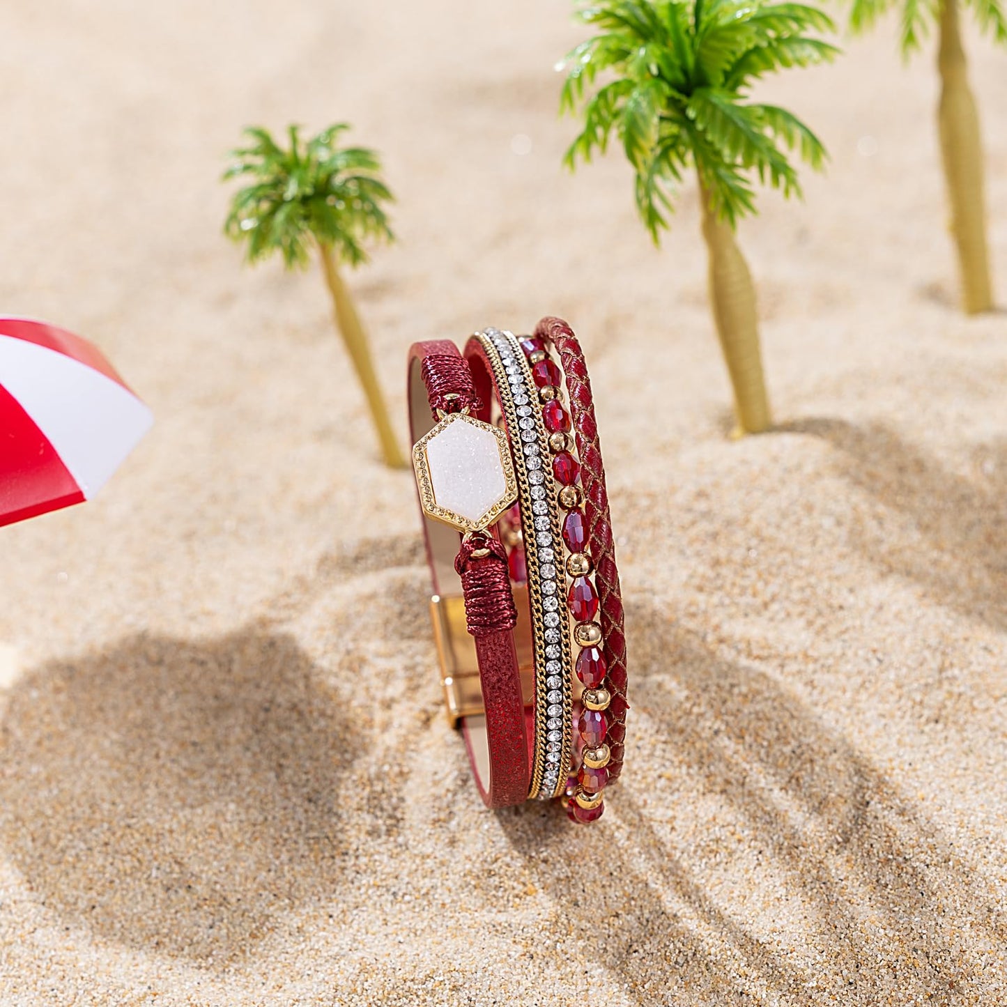 FANCY SHINY Crystal Beaded Leather Wrap Bracelet Stackable Boho Jewelry for Women Trendy Braided Resin Stone Bangle Cuff with Magnetic Clasp(Burgundy)