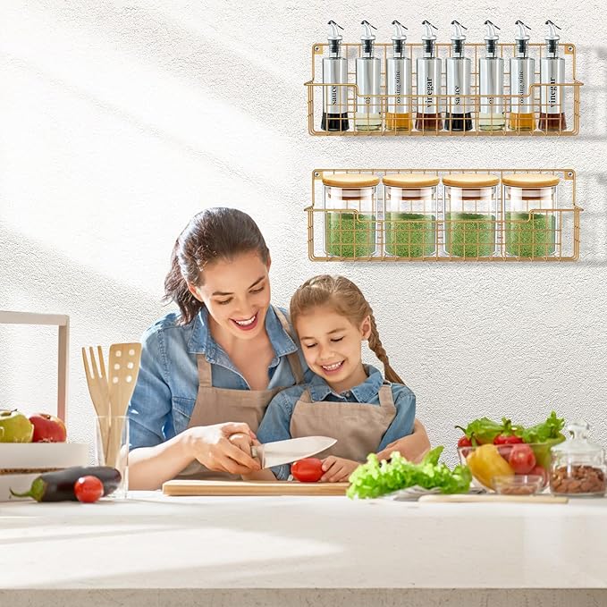 Spice Rack, 4-Pack Seasoning Organizer Wall Mounted for Kitchen Storage Organization, Metal Spice Holder Shelf for Cabinet, Pantry, Gold