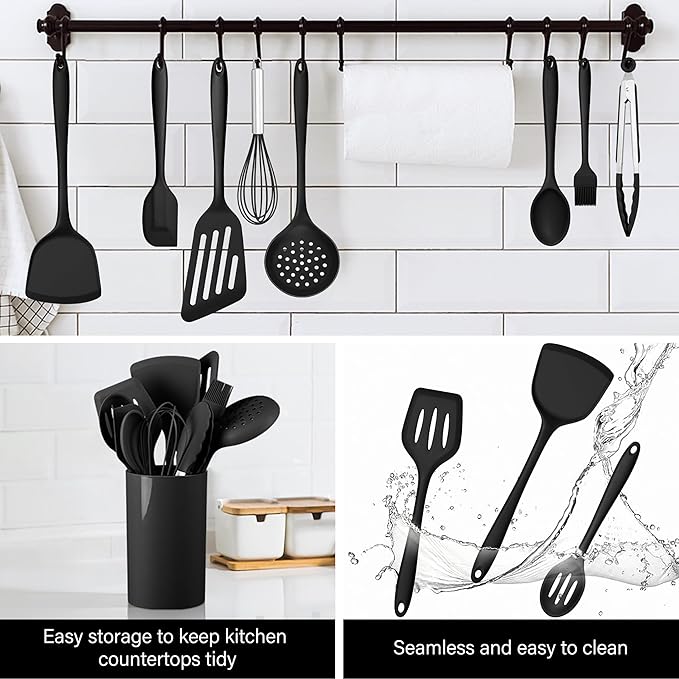 HaWare 11 PCS Silicone Cooking Utensils Set, Heat Resistant Kitchen Utensils with Holder, Food-grade Spatula Sets for Nonstick Cookware, Kitchen Tools Gadgets Include Fish Turner, Spoon (Black)