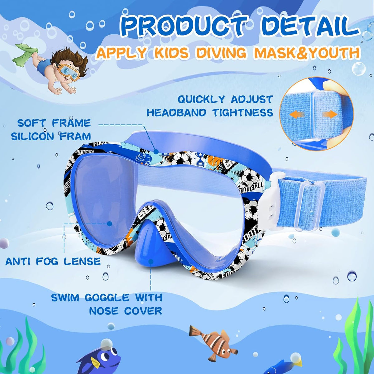 Kids Swim Goggles 180° Snorkel Diving Mask with Nose Cover, Anti-Fog Kids Swimming Goggles with Elastic Fabric Strap for Kids Boys Girls