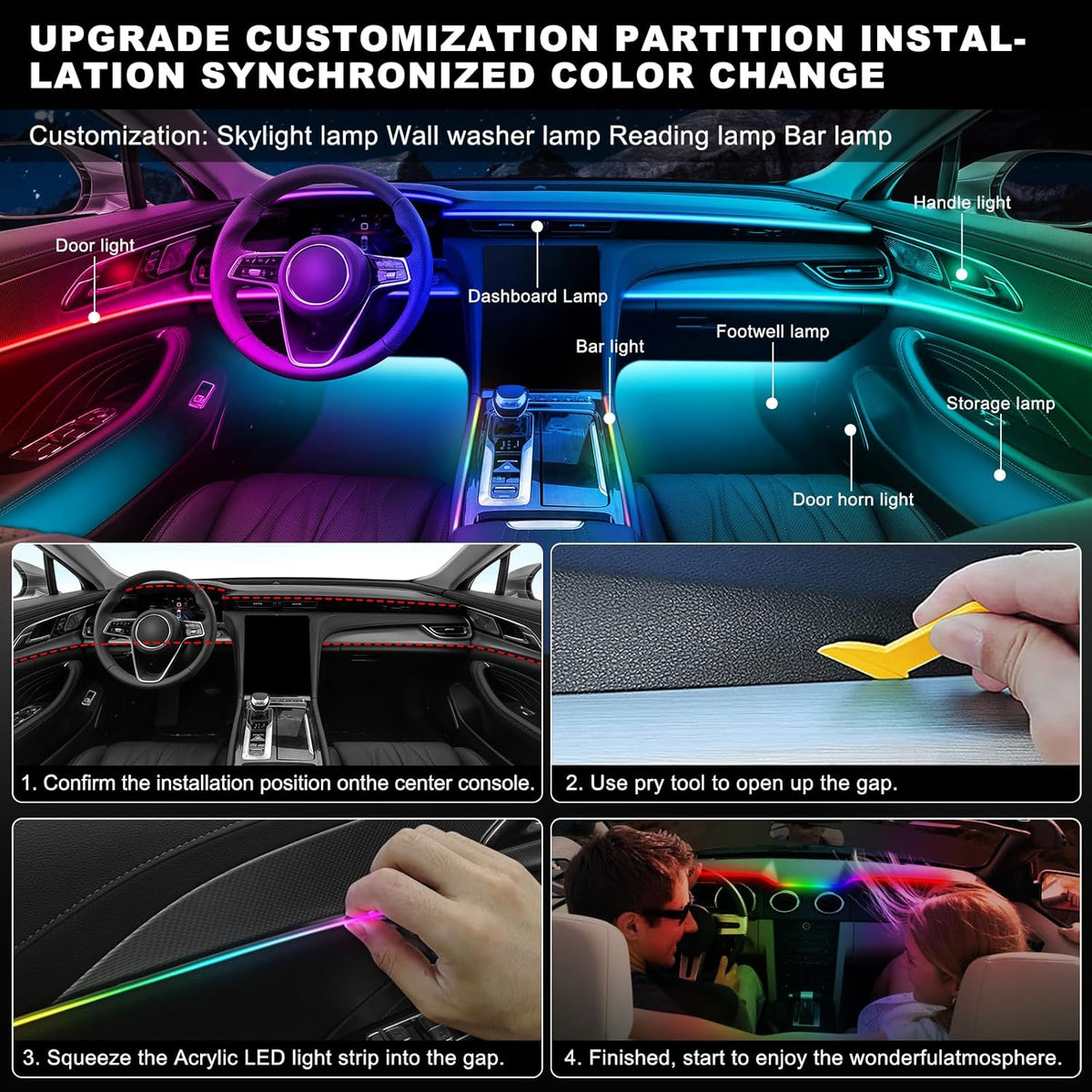 Dreamcolor Acrylic Interior Car LED Strip Light with Wireless APP, RGB 6 in 1 with 175 inches 600 LEDs Fiber Optic Car Ambient Lighting Kits, Sound Active Function LED Strip for Car Accessories