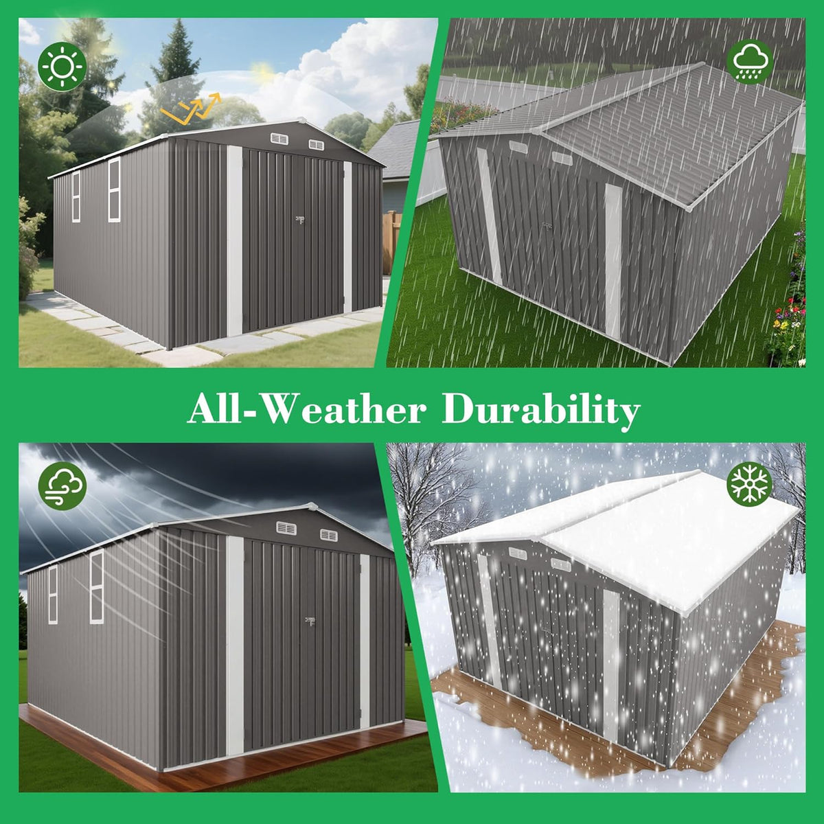 10 x 12 FT Large Outdoor Storage Shed w/ 2 Clear Window, Heavy Duty Metal Garden Sheds with Lockable Door & Air Vents, Waterproof Tool House for Bicycles, Tools, Backyards, Patios, Lawns, Gray