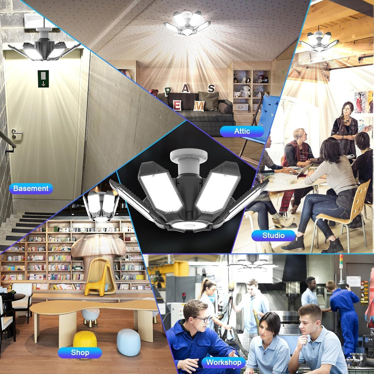 6 Pack 220W Garage Light Ceiling Led Deformable LED Shop Lights for Workshop E26 E27 Screw in Garage
