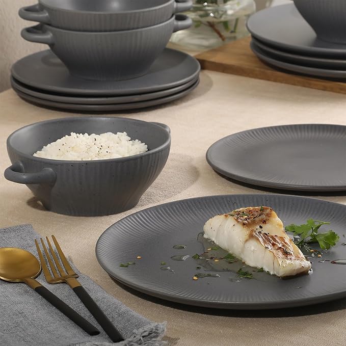 Gibson Elite Clover Hill 12-Piece Stoneware Dinnerware Set – Dark Blue Embossed Plates and Bowls with Matte Speckled Reactive Glaze, Service for 4 – Microwave & Dishwasher Safe